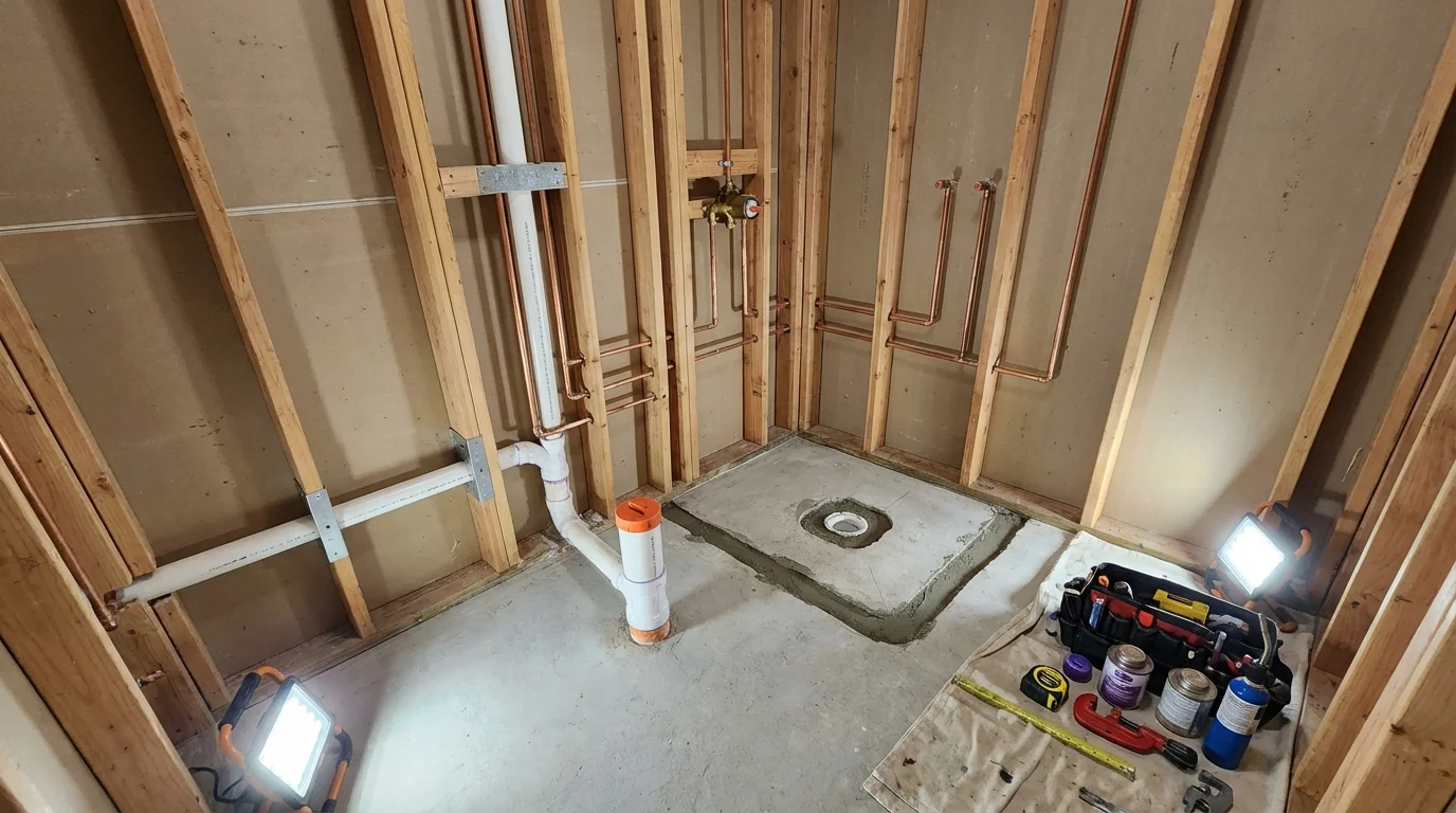 Bathroom rough-in plumbing during remodel by Johns Plumbing LLC in Kinsley