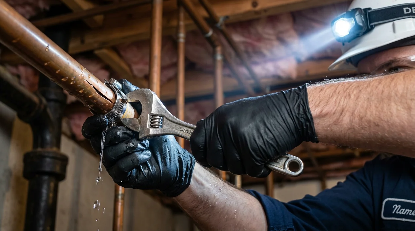 Emergency pipe clamp repair being performed by a Johns Plumbing LLC plumber in Kinsley