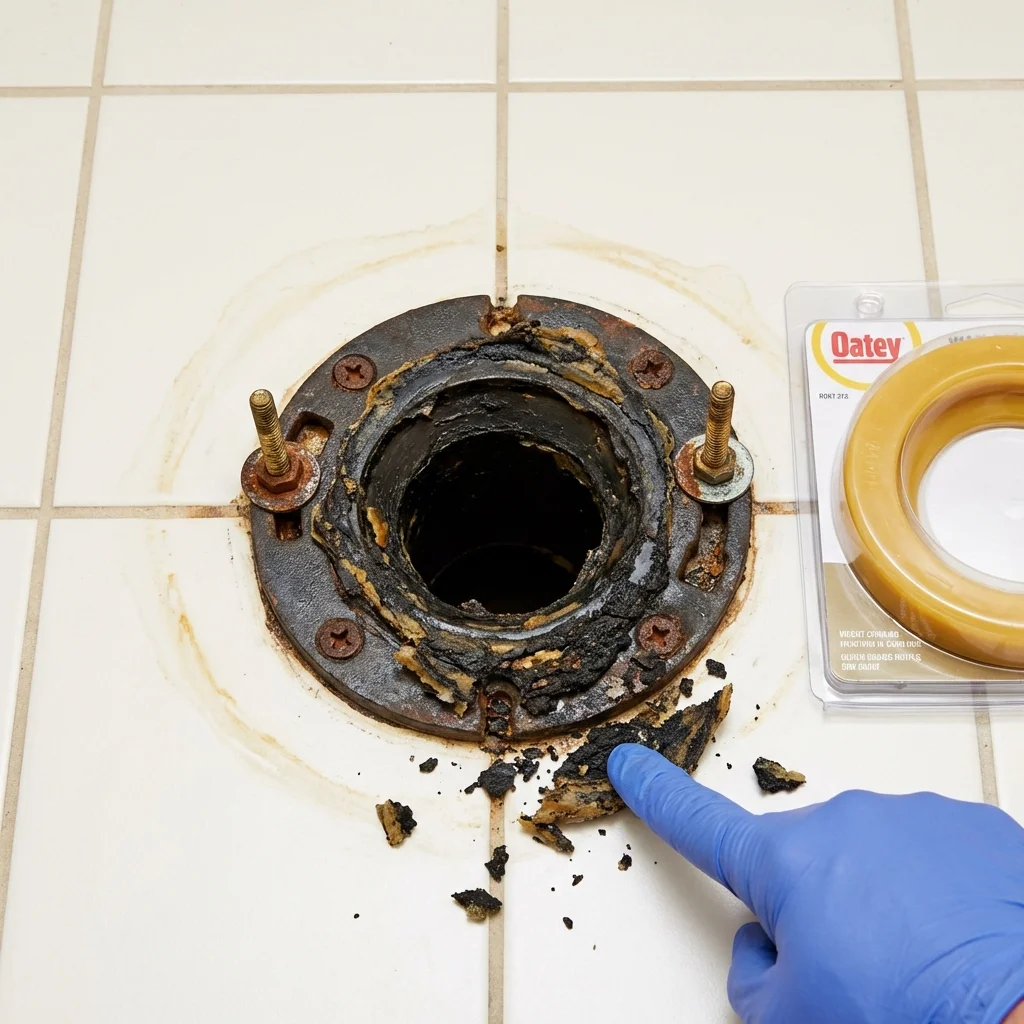 Failed wax ring showing water seepage at the base of a toilet in a Kinsley, KS home