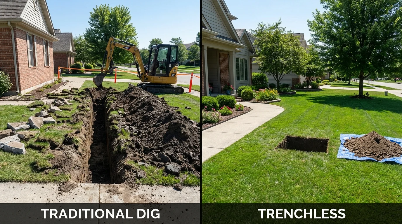 Trenchless sewer repair with minimal yard damage versus traditional excavation in Kinsley, KS