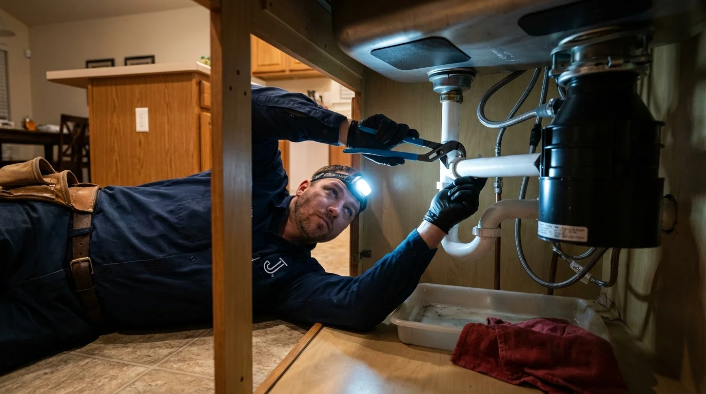 P-trap and supply line connections under a kitchen sink showing a common leak point in Kinsley, KS